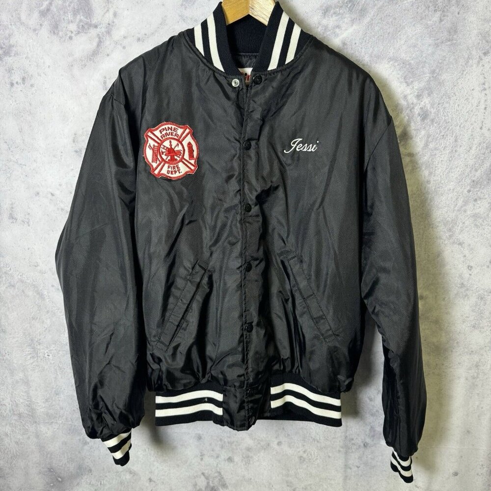 Vintage Pine River Fire Dept Jacket Mens Medium Birdie Bomber Black 90s